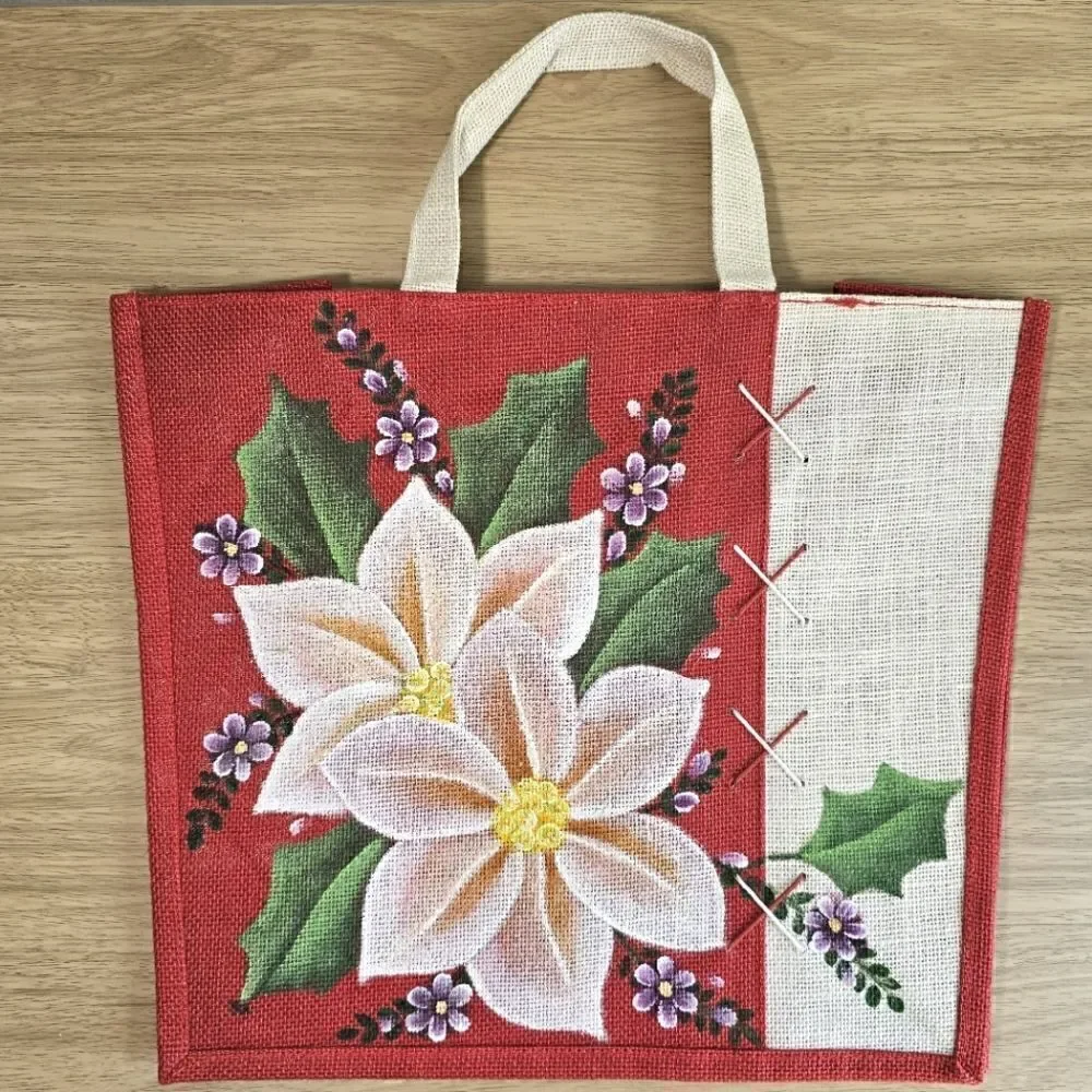 Hand-Made Tote Bag Christmas Jute Craft-Fabric Ribbon Flowers Hand Painted Gift